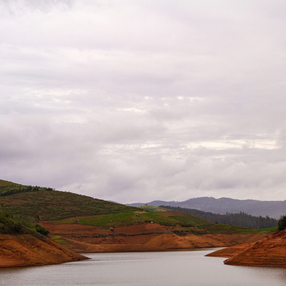 Discover the serene beauty of Ooty's green hills and tranquil lake under a cloudy sky.